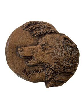 Vintage Hand Painted Wolf Head Porcelain Pin Brooch Brown 90s Zoo Nature Tribal